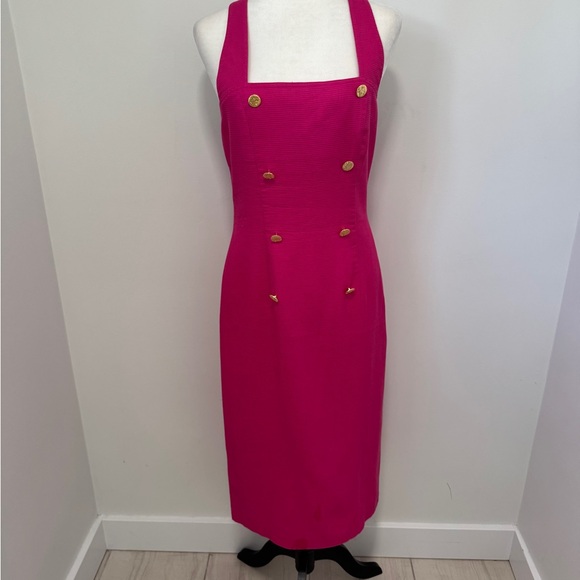 Fuchsia Midi Dress with Gold Button Accents & 1” Shoulder Straps Sz S - Picture 2 of 10